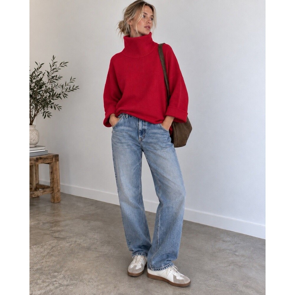 Eileen Fisher Red Organic Cotton Cashmere Sweater Oversized Turtleneck Boxy